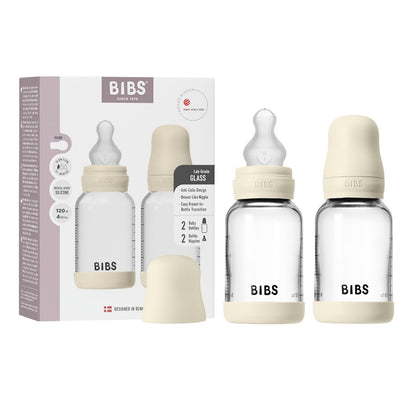 BIBS Glass Baby Bottles 2-Pack, 4 Oz. Anti-Colic System for Gas Reduction. Vented Round Silicone Nipple. Supports Infant and Newborn Breastfeeding - 120 ml (Pack of 2), Sage