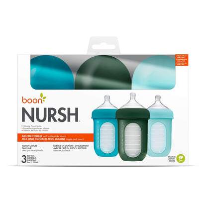 Boon Nursh Reusable Silicone Pouch Baby Bottles - Medium Flow Nipple - Silicone Baby Bottle Pouch and Nipple - Baby Feeding Essentials - Gray - 3-6 Months - 3 Count - 8 Ounce
