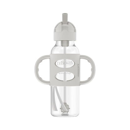 Dr. Brown's Milestones Narrow Sippy Straw Bottle, Spill-Proof with 100% Silicone Handles and Weighted Straw, 8 oz/250 mL, Gray & Green, 6m+