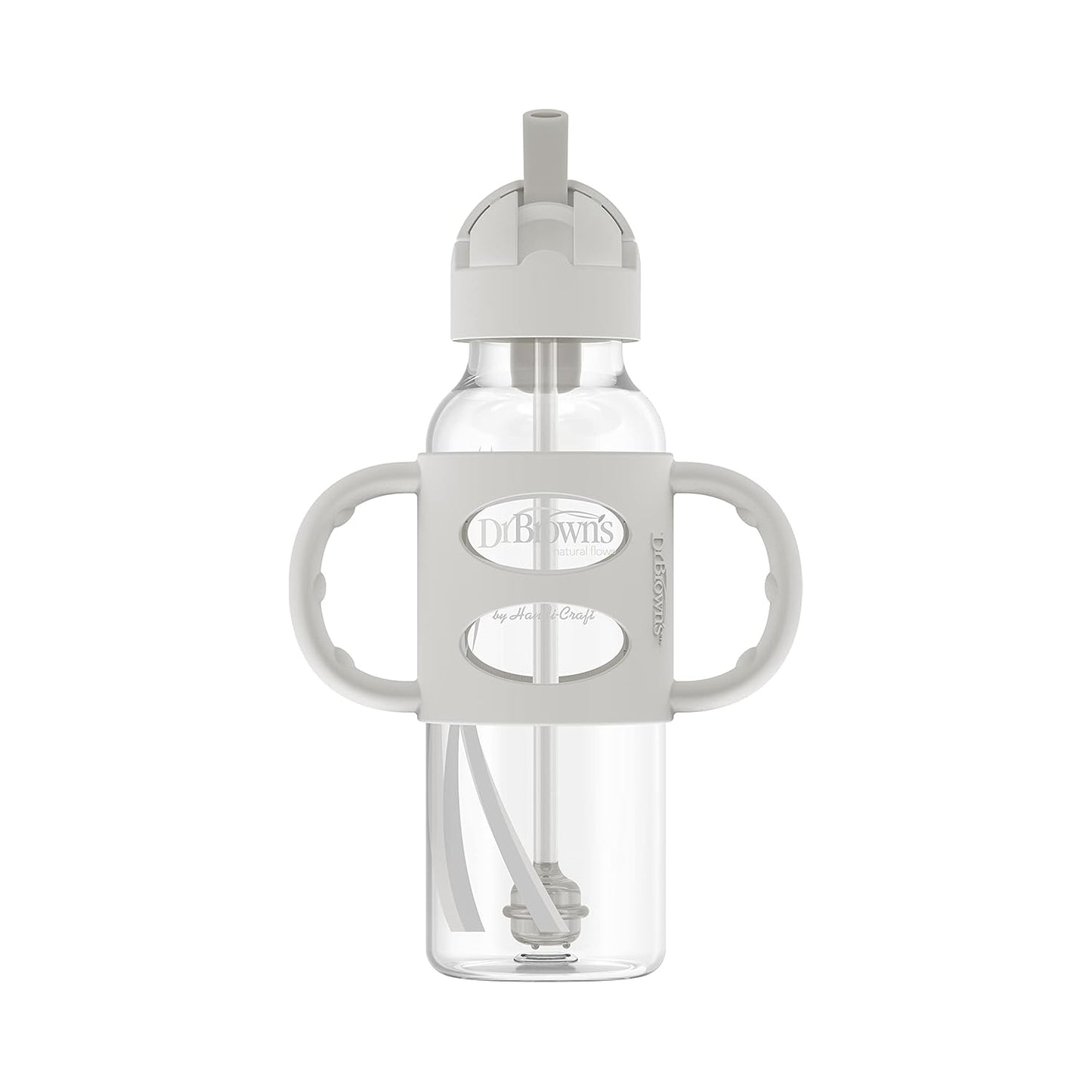 Dr. Brown's Milestones Narrow Sippy Straw Bottle, Spill-Proof with 100% Silicone Handles and Weighted Straw, 8 oz/250 mL, Gray/Pink, 6m+