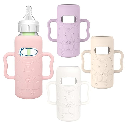 KingKam 4 Pack Silicone Sleeves for Dr. Brown's Glass Baby Bottles, Drop Protection Bottle Sleeves with Handles, Compatible with Dr. Brown's Anti-Colic Options+ Narrow Glass Baby Bottles, 8 oz/250 mL