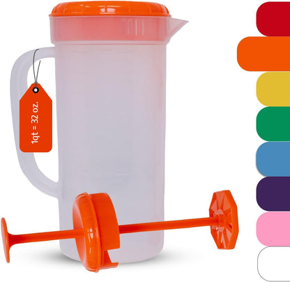 JBK Pottery 1 Quart Plastic Mixing Pitcher with Mixing Lid, BPA Free, Shatterproof Beverage Jug for Iced Tea, Lemonade, Juices, Milk – Leak-Proof, Easy Stirring, Dishwasher Safe | Blue