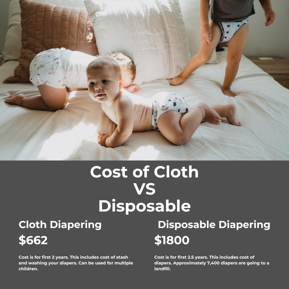 Nora's Nursery AWJ Cloth Diapers 7 Pack with 1 Wet Bag - Waterproof Cover, Washable, Reusable & One Size Adjustable Pocket Diapers for Newborns and Toddlers - Dahlia