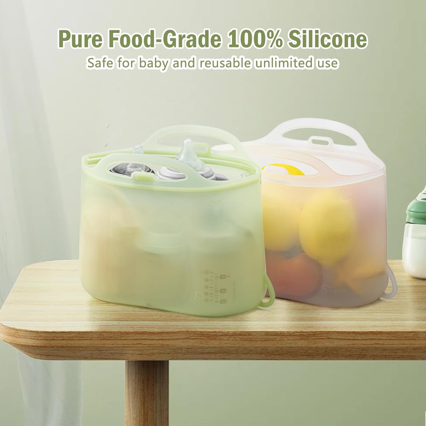 Silicone Travel Bottle Sterilizer Bags | 2000ml Microwave Steam Sterilizer Bags for Baby Bottles, Breast Pump & Pacifiers, Reusable Steam Sterilizing Bags for Travel and Home Use (Clear+Green)