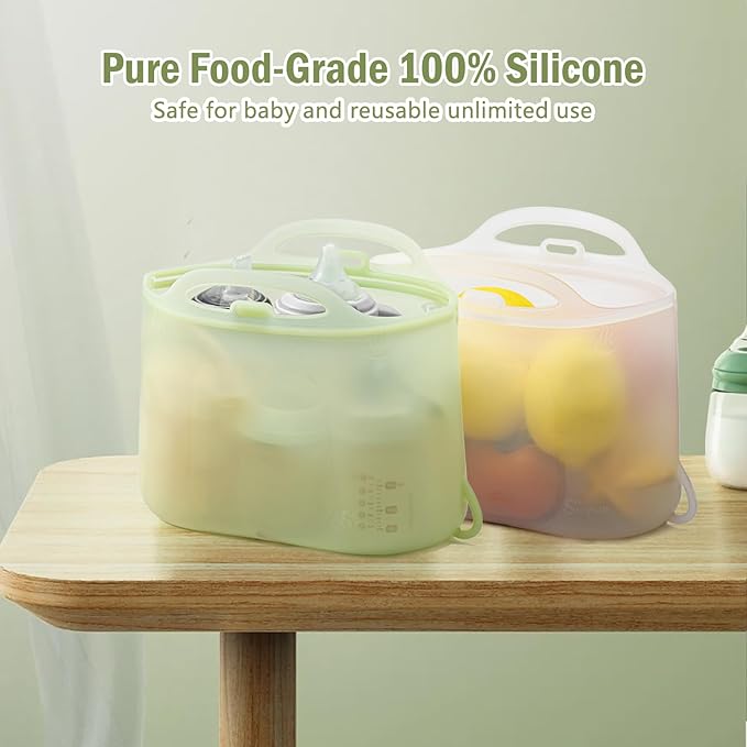 Silicone Travel Bottle Sterilizer Bags | 2000ml Microwave Steam Sterilizer Bags for Baby Bottles, Breast Pump & Pacifiers, Reusable Steam Sterilizing Bags for Travel and Home Use (Clear+Green)