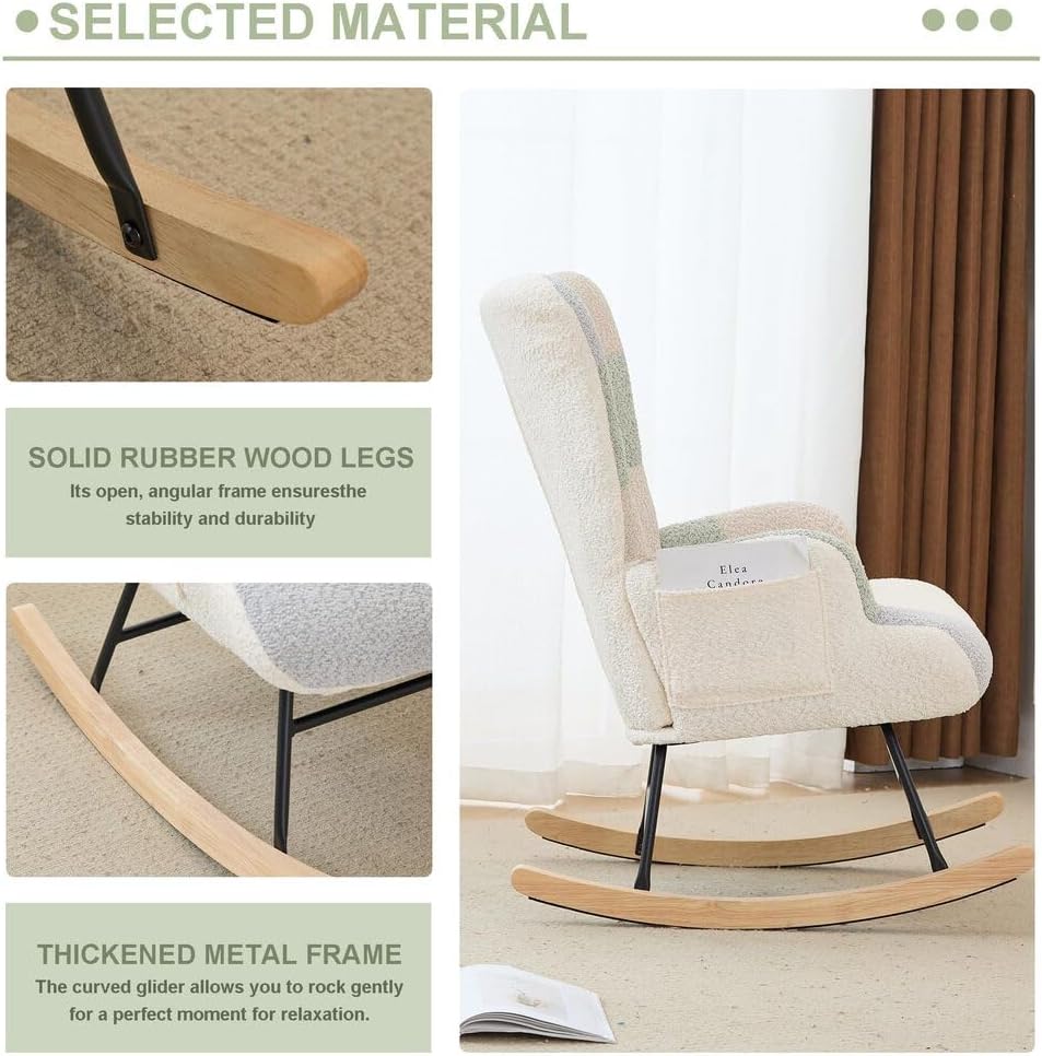 Nursery Rocking Chair Teddy Upholstered Glider Rocker Rocker Accent Chair with High Backrest Armchair Comfy Side Pocket Modern Rocking Accent Chairs for Living Room, Nursery, Office-Green