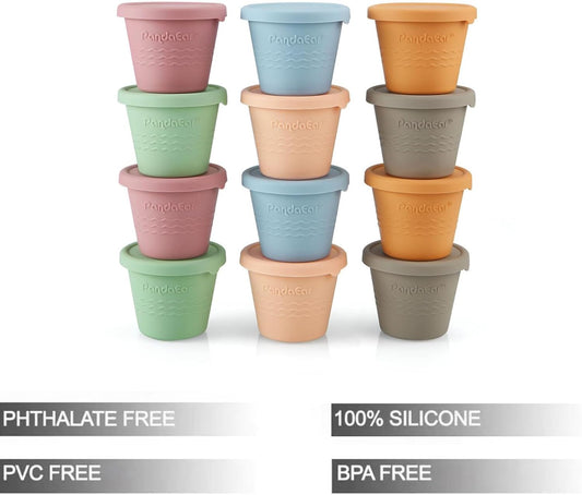 PandaEar 12 Pack Silicone Baby Food Storage Containers, 4 oz Reusable Small Snack Containers Freezer Storage with Airtight Lids Leak Proof for Infants Kids Babies, Microwave Safe