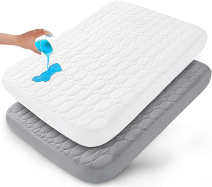 Pack and Play Sheets Fitted Quilted Waterproof Protector, 2 Pack Playard Mattress Pad Compatible with Graco Pack n Play, Mattress Cover fits for Baby Playpen Mattress, Mini Crib, Gray & Navy Blue