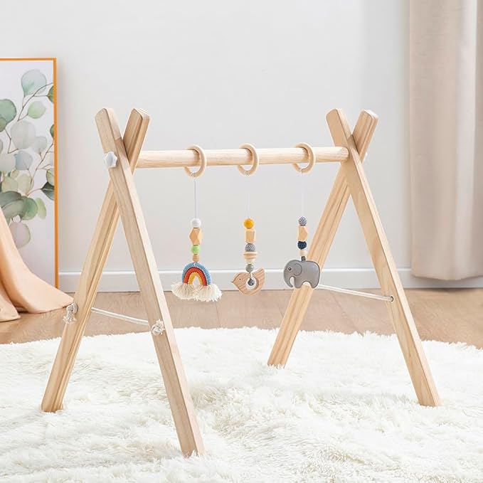Wooden Baby Play Gym with Hanging Bar, 4 Gym Toys and Natural Pine Wood, Perfect for Infant Development