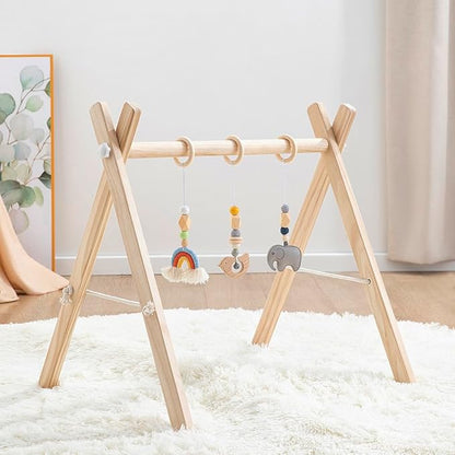 Wooden Baby Play Gym with Hanging Bar, 4 Gym Toys and Natural Pine Wood, Perfect for Infant Development