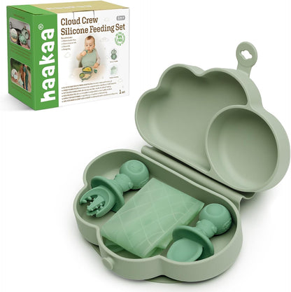 haakaa Cloud Crew Silicone Travel Baby Feeding Set with Foldable Suction Baby Plate, Silicone Bib, Baby Spoon and Fork, Waterproof Travel Bag, 6M+