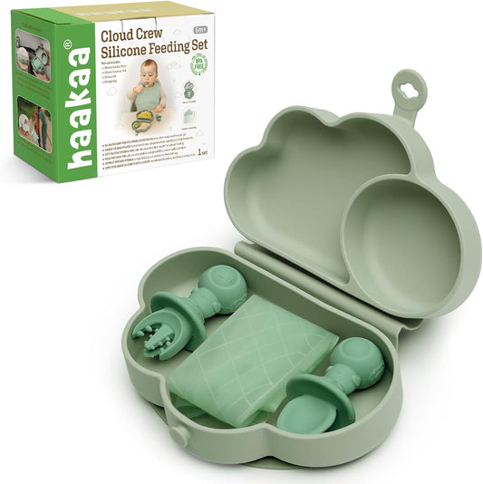haakaa Cloud Crew Silicone Travel Baby Feeding Set with Foldable Suction Baby Plate, Silicone Bib, Baby Spoon and Fork, Waterproof Travel Bag, 6M+