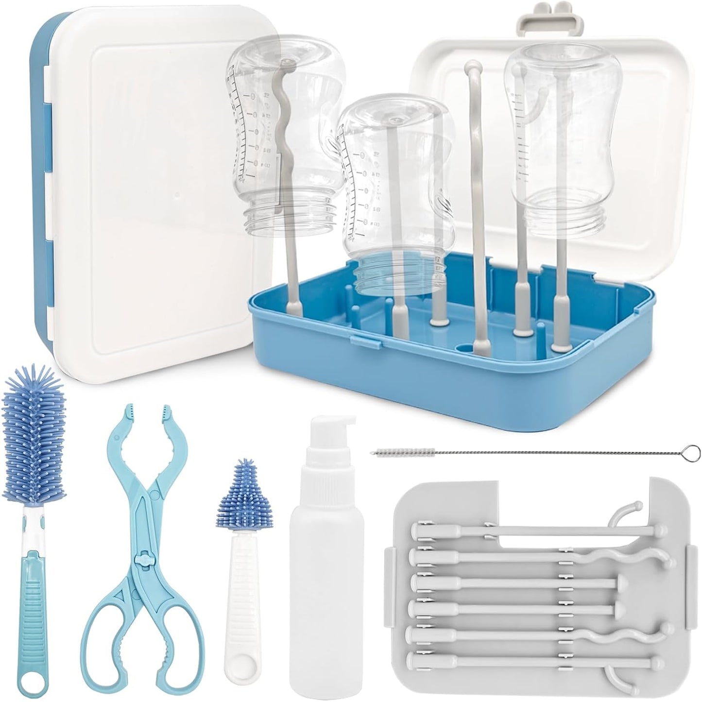 Baby Bottle Brush Set, Baby Bottle Cleaner Kit with Silicone Brush, Nipple Brush, Straw Brush, Soap Dispenser, Bottle Drying Rack, Storage Box, 7 in 1 Bottle Cleaning Tool for Home and Travel