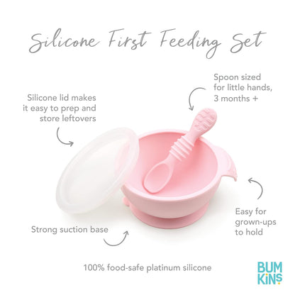 Bumkins Baby Bowl, Silicone Feeding Set with Suction for Baby and Toddler, Includes Spoon and Lid, First Feeding Set, Training Essentials for Baby Led Weaning for Babies 4 Months Up, Sage