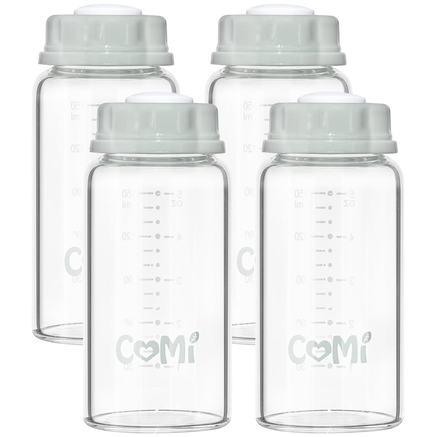 COMI Natural Glass Baby Bottle,Breastmilk Storage Bottle for Fridge,Breast Milk Container,Breast Pump Bottle Compatible with Medela Breast Pump,BPA Free,2PCS (5oz,2 Gray Lids)