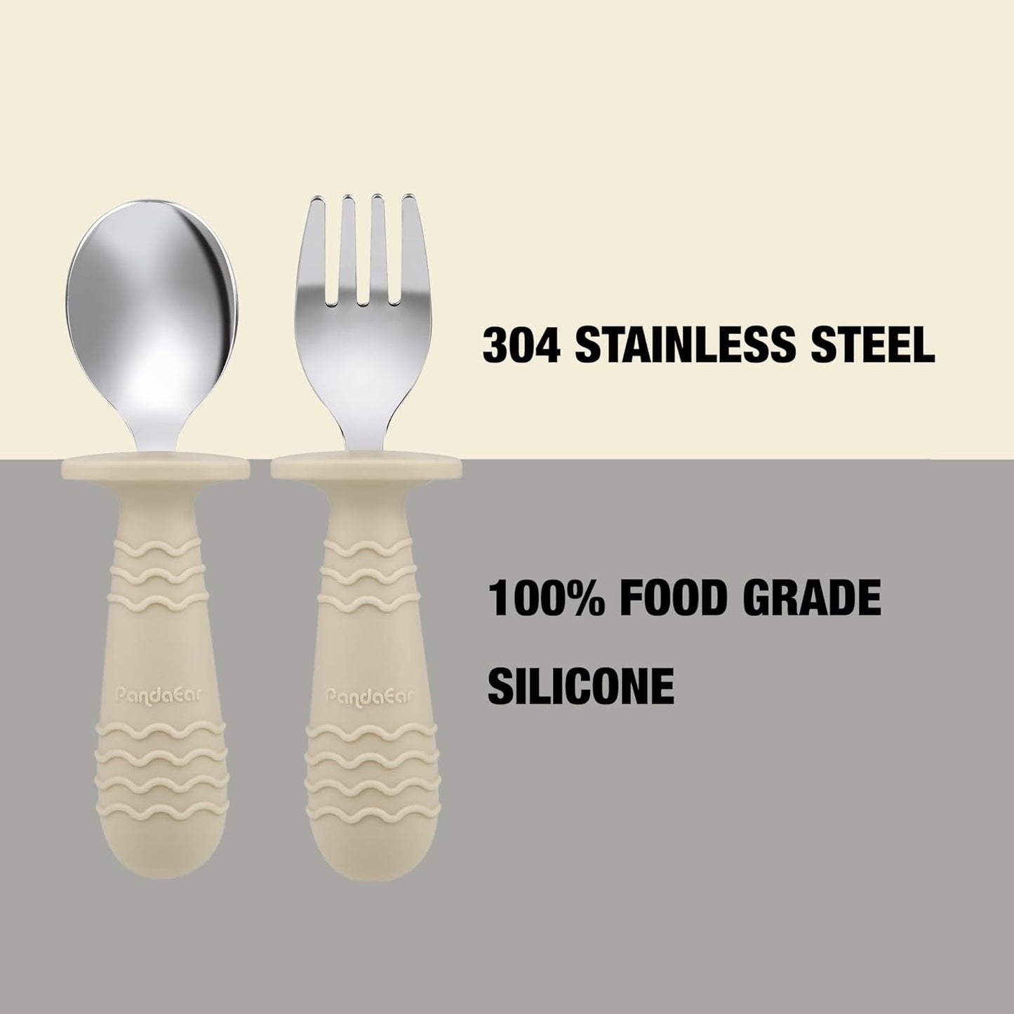 PandaEar 2 Pack Stainless Steel Baby Suction Plates & 2 Pack Spoons and Forks Set, Toddler Utensils Baby Feeding Set, Divided Plates for Baby Led Weaning Supplies, BPA-Free (Tan/Walnut)
