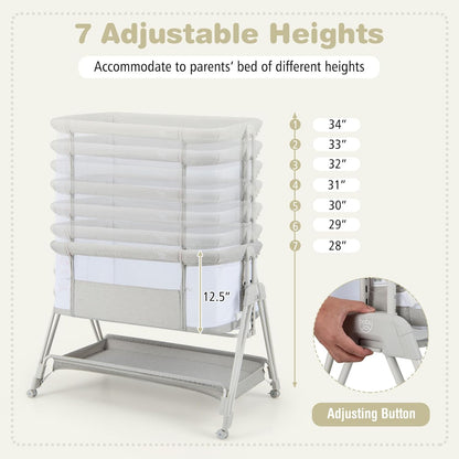 BABY JOY Bassinet Bedside Sleeper, Easy Folding Baby Crib w/All-Side Mesh, Storage Shelf, 7 Adjustable Heights, Mattress & Travel Bag for Safe Co-Sleeping, Portable Baby Bed for Newborn Infant -Gray