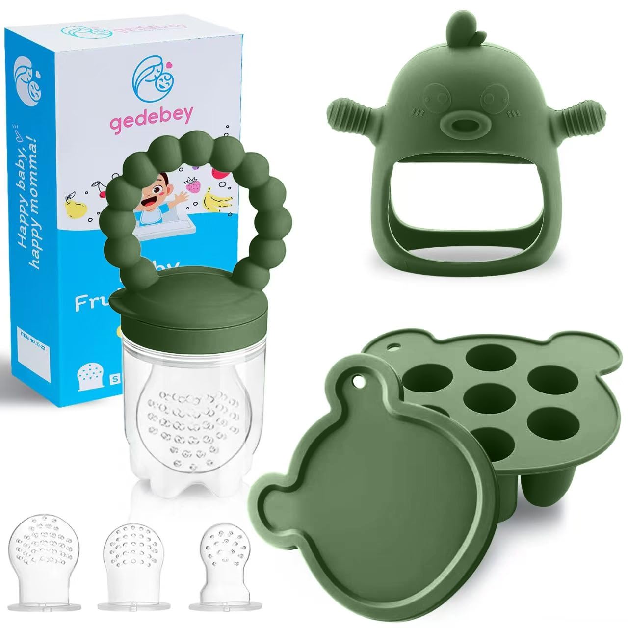 3-in-1 Baby Food & Fruit Feeder Set – Breastmilk Popsicle Mold with Freezer Tray, Teething Relief Toy, BPA Free Infant Silicone Feeding Combo, 3 Bonus Sizes (S/M/L) Sacs (Olive Green)