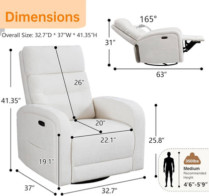 Power Swivel Rocker Recliner Chair for Nursery, Swivel Reclining Rocking Chairs, Electric Glider for Living Room, Upholstered Recliner Chairs for Bedroom, Corduroy White