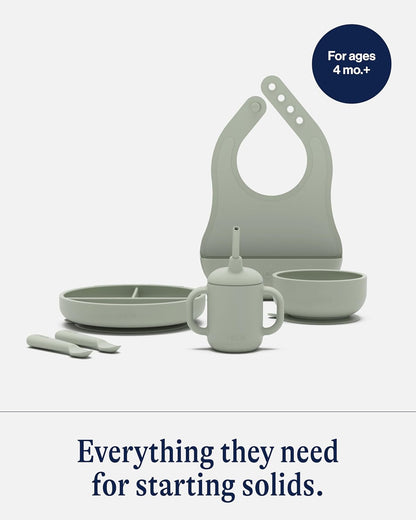 Lalo First Bites Silicone Baby Feeding Set - Baby Led Weaning Supplies - Non-Toxic Silicone - Includes 1 Bib, 2 Spoons, Training Cup, Suction Plate and Bowl - 6 Pieces - Blueberry