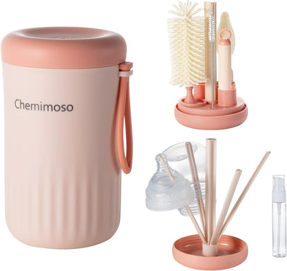 Chemimoso Travel Silicone Baby Bottle Cleaner Brush Set, Foldable Baby Bottle Drying Rack, Essential Cleaning Set for Outdoor Travel, Orange and Green