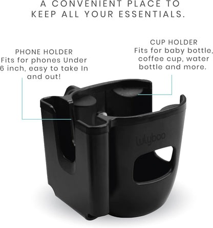 Lulyboo 2-in-1 Stroller Organizer with Phone & Cupholder, Adjustable, Rotatable, Lightweight & Durable, Fits All Phone Sizes & Beverage Bottles, Black