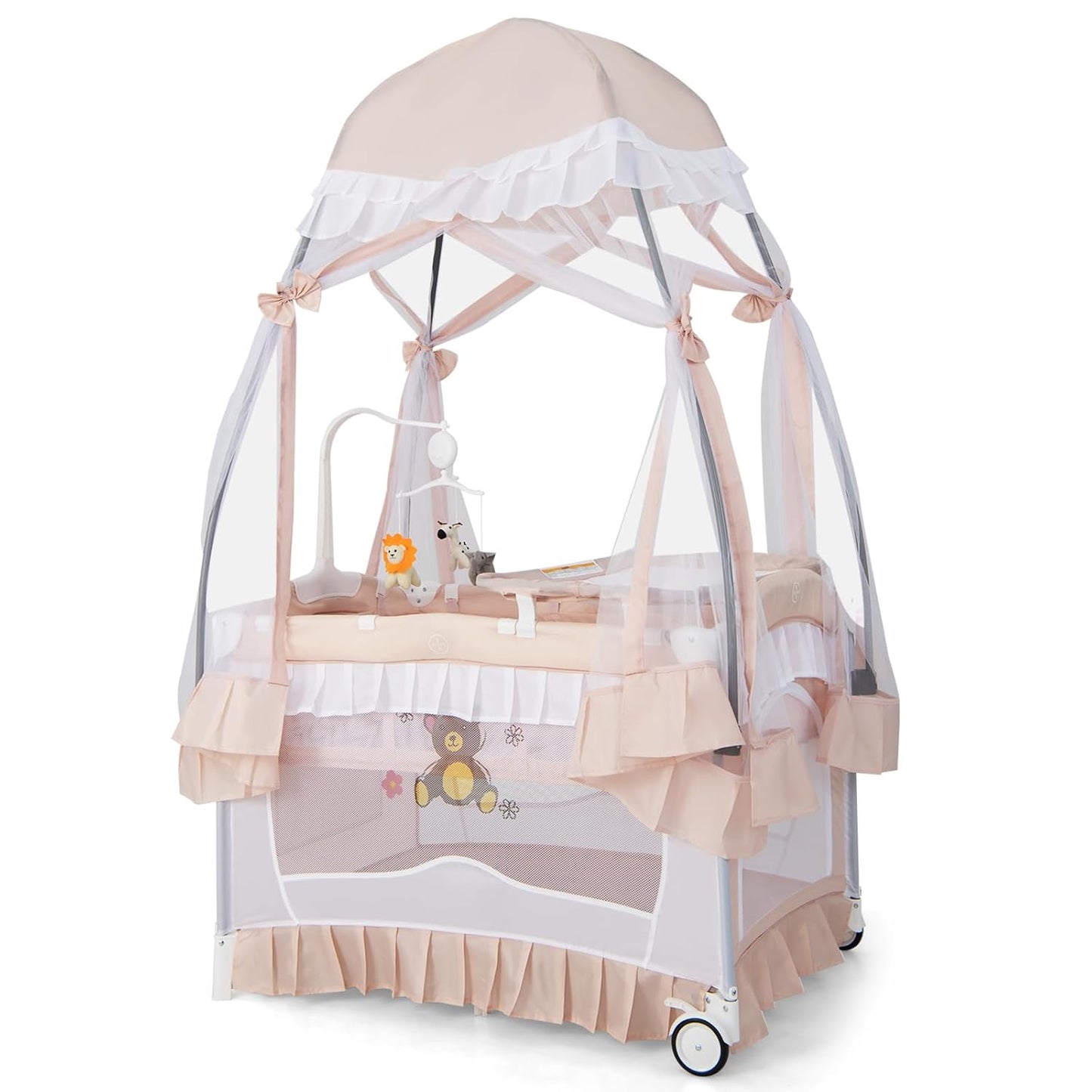 HONEY JOY 4-in-1 Pack and Play with Canopy, Portable Baby Playard w/Changing Table and Infant Bassinet, Cute Toys & Music, Foldable Bassinet for Newborn and Toddler (Hot Pink)