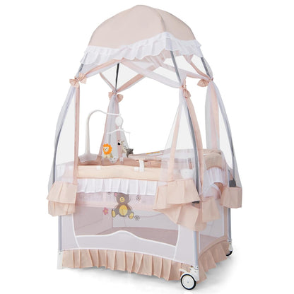HONEY JOY 4-in-1 Pack and Play with Canopy, Portable Baby Playard w/Changing Table and Infant Bassinet, Cute Toys & Music, Foldable Bassinet for Newborn and Toddler (Hot Pink)