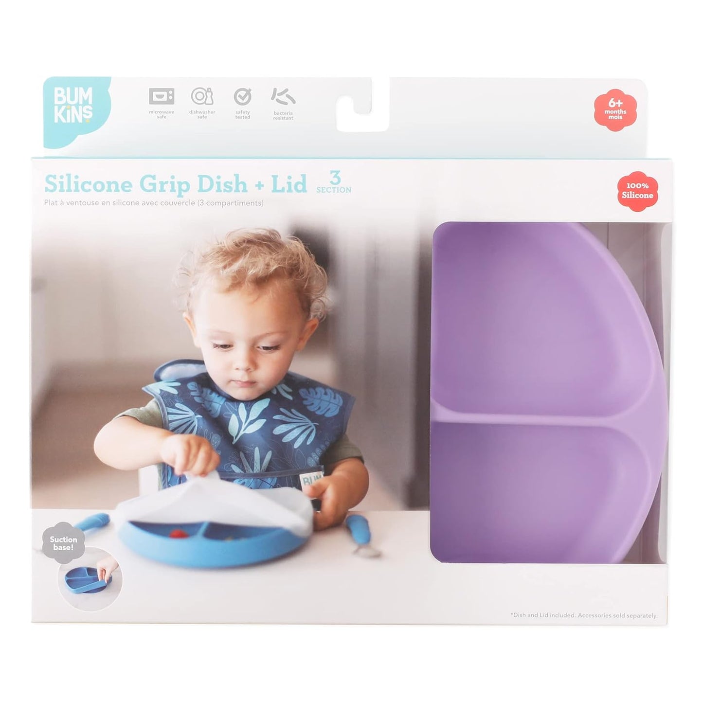 Bumkins Toddler and Baby Suction Plate, Divided Grip Dish for Babies and Kids, Baby Led Weaning, Feeding Supplies, Sticks to Tables and Highchairs, Platinum Silicone, for Chidren 6 Months, Gray