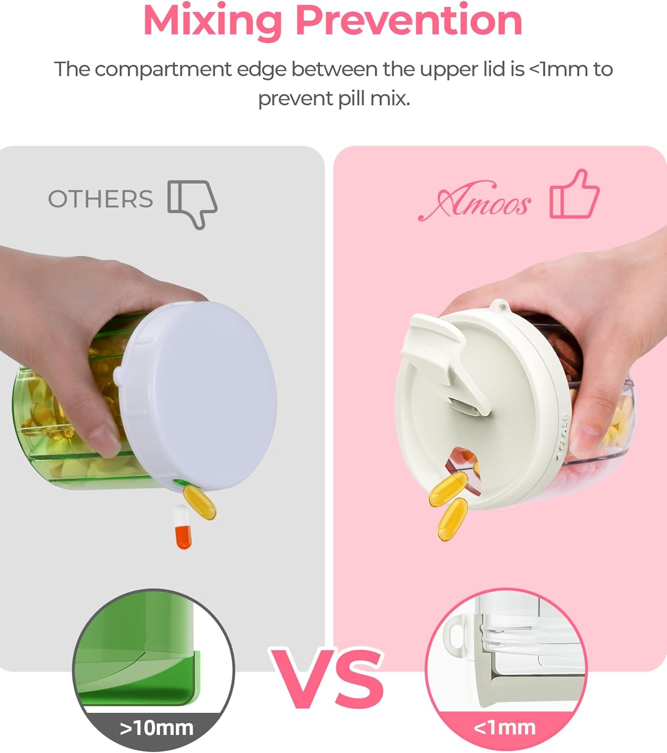 AMOOS Cute Pill Dispenser with 7 Compartments, Pill Bottle Organizer with Anti-Mix Design, Portable Pill Organizer for Travel with Wide Mouth for Easy Access, BPA-Free Patented Pill Container, Pink