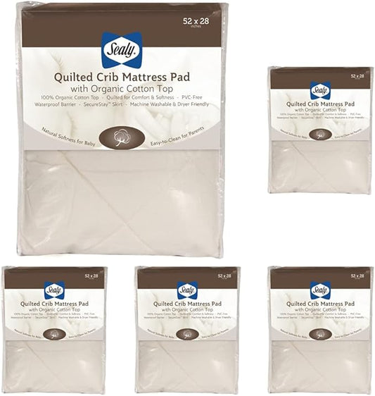 Sealy Quilted Organic Cotton Top Waterproof Toddler and Baby Crib Mattress Pad Cover Protector - 52” x 28” - Cream (Pack of 5)