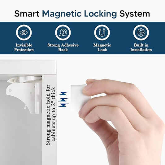Blessimo® 12 Pack Magnetic Cabinet Locks Baby Proofing with 12 locks and 2 Keys - Child Locks For Kitchen, Cabinets and Drawers - 3M Adhesive Easy Installation