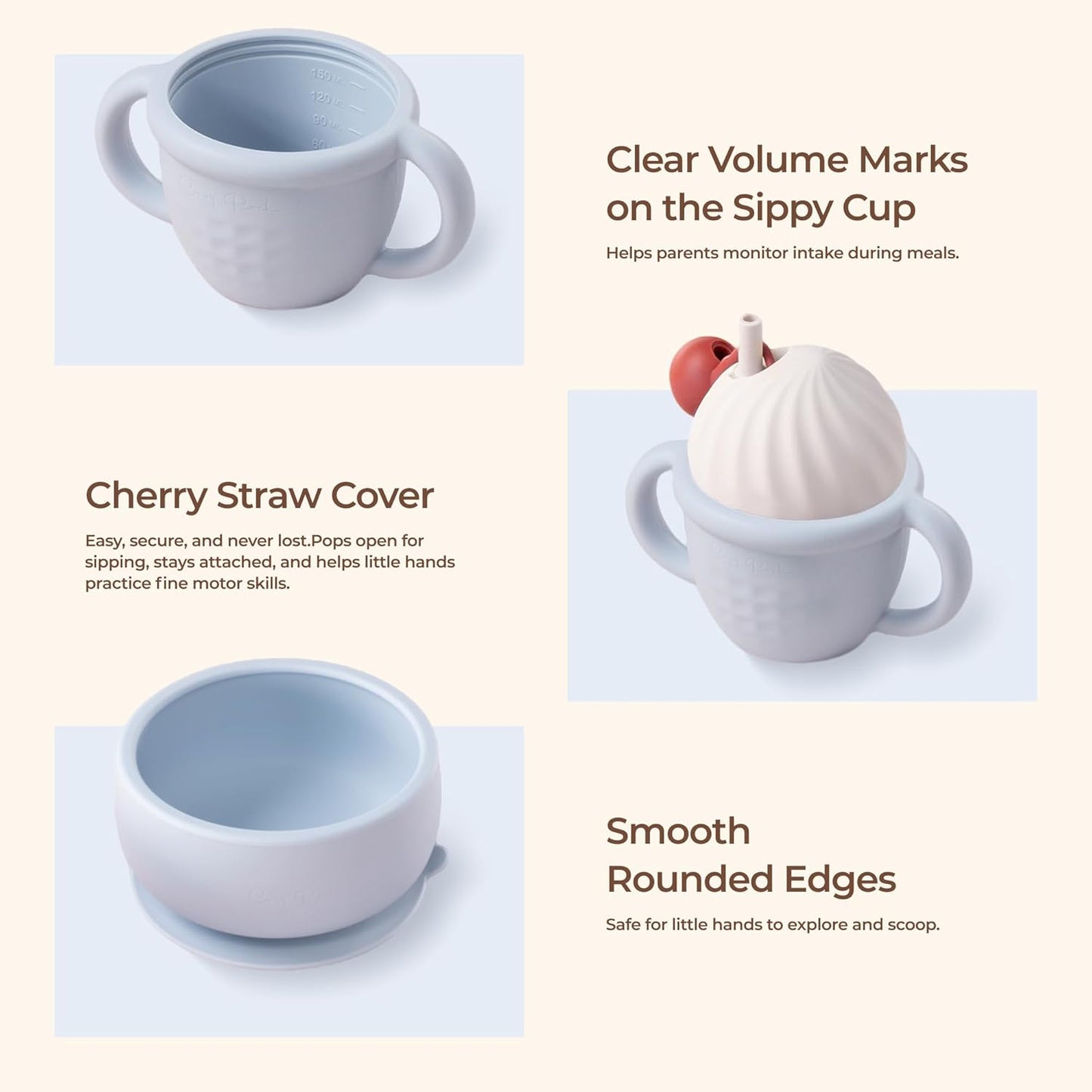 Silicone Baby Feeding Set, Gelato Collection Baby Led Weaning Supplies, First Self-Feeding Ice Cream Set, Silicone Suction Bowl with Cherry Lid & Plate, Straw Cup & Bib, Fork & Spoon - Pink