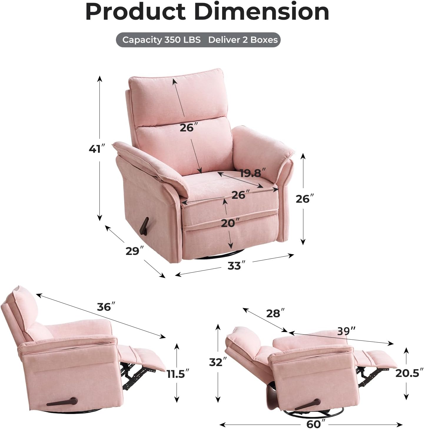Oversized Glider Rocker Recliner, 26" Extra Wide 360° Swivel Nursery Recliner with Adjustable Headrest, Chenille Rocking Nursery Chair with Overstuffed Armrest, Lumbar Support, Light Grey