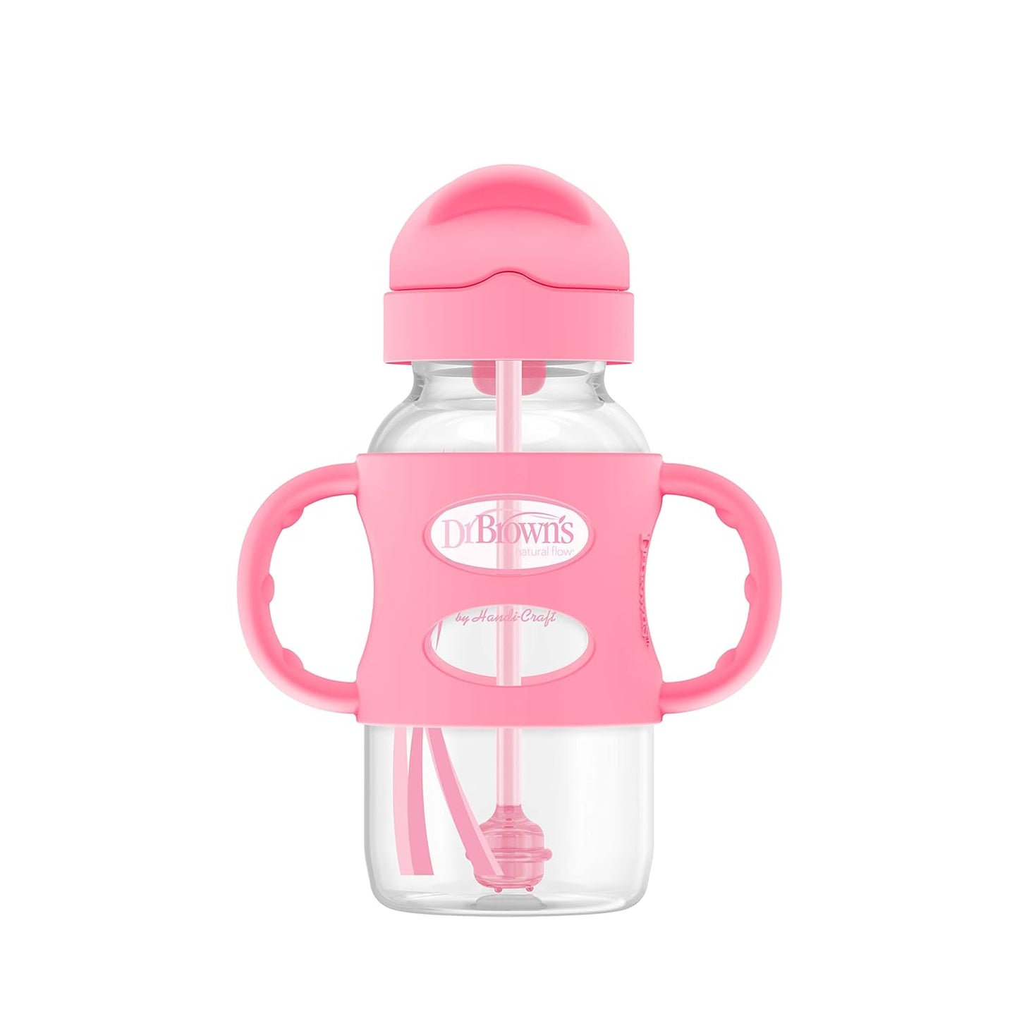 Dr. Brown's Milestones Wide-Neck Sippy Straw Bottle, Spill-Proof with 100% Silicone Handles and Weighted Straw, 9 oz/270 mL, Gray & Pink, 6m+, 2-Pack
