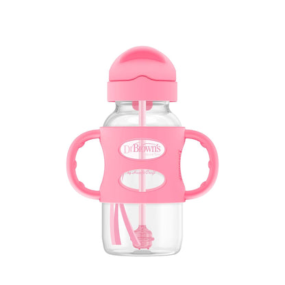 Dr. Brown's Milestones Wide-Neck Sippy Straw Bottle, Spill-Proof with 100% Silicone Handles and Weighted Straw, 9 oz/270 mL, Gray & Pink, 6m+, 2-Pack