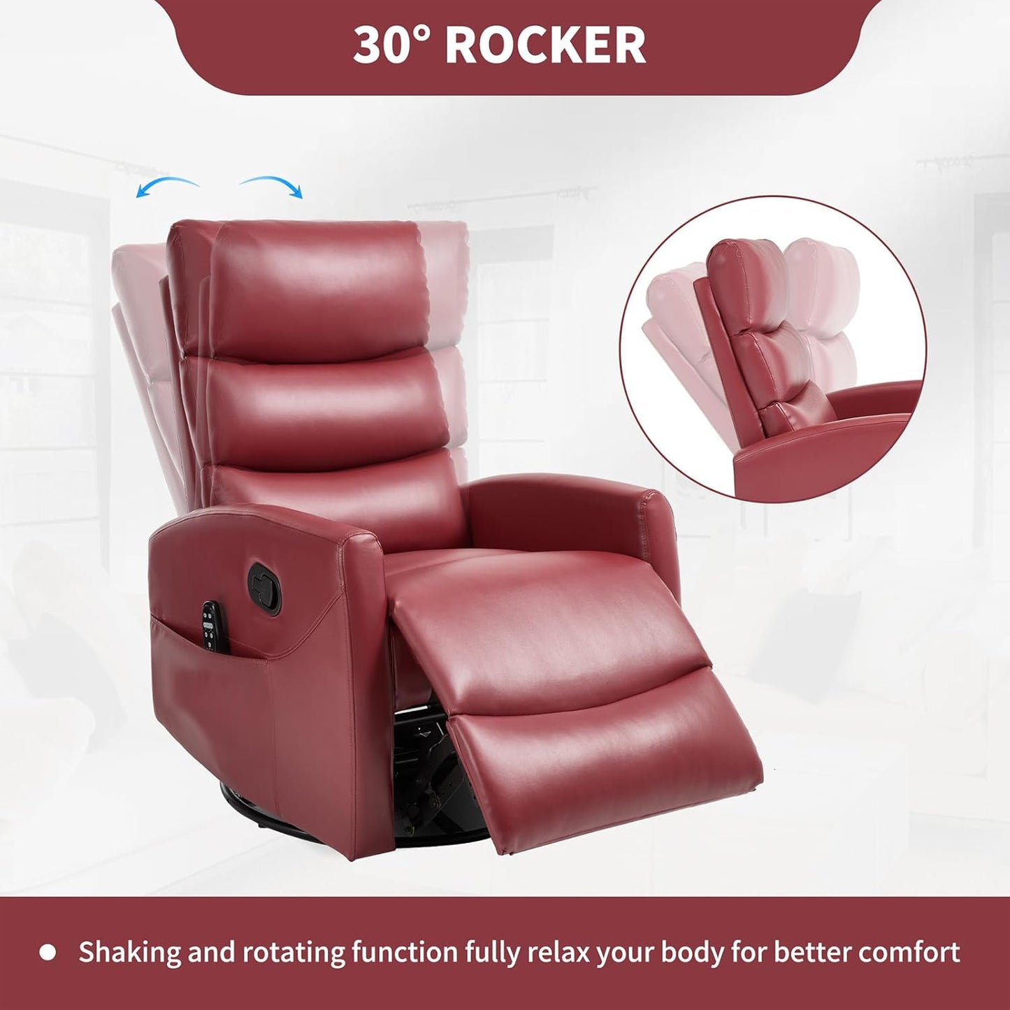 Massage Chair Recliner with Heat, Swivel Rocking Chair Recliner with High Back, Manual Nursery Recliners for Adults,Small Recliner Chair for Small Spaces, Living Room Bedroom, Fabric (Blue Green)