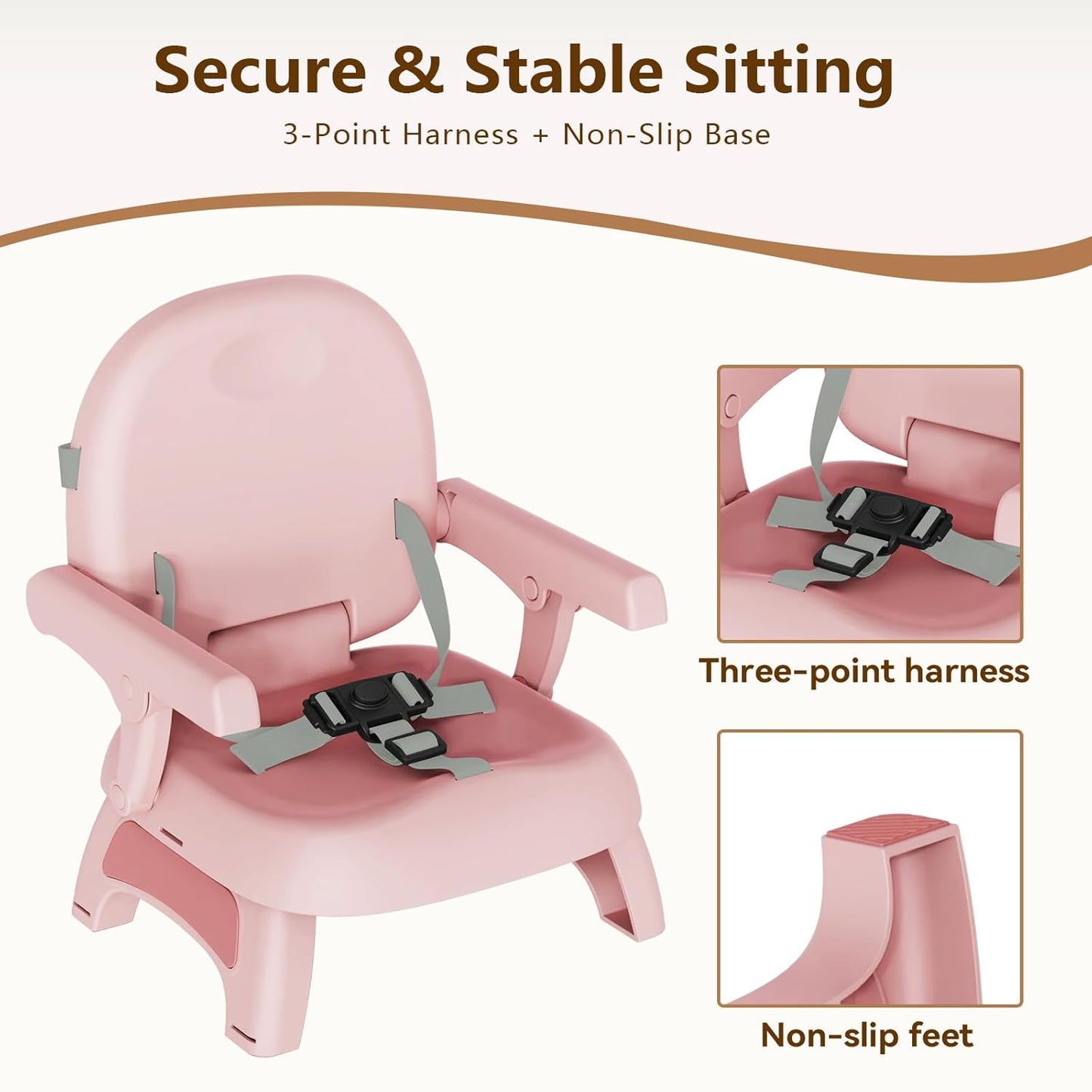 Booster Seat for Kitchen Chair, 3-in-1 Foldable & Portable Booster Seat with Tray, Extra Dishwasher-Safe Tray, Safety Straps for 6–18M (Up to 30 lbs), for Dining Table, Travel & Camping, Gray