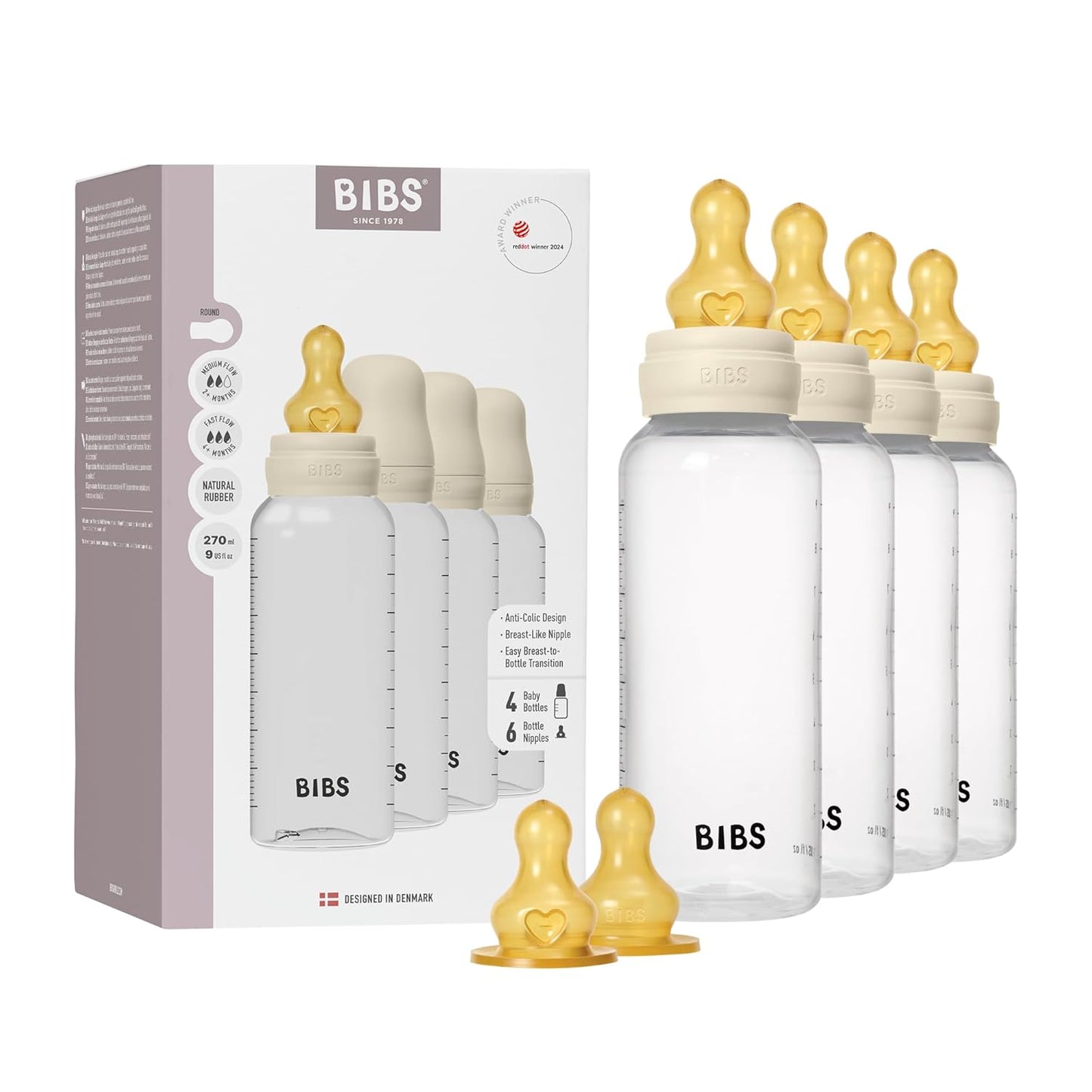 BIBS Baby Bottle 5 oz / 150 ml Silicone Nipple 2 Pack - Anti-Colic, BPA-Free, Round Nipple, Slow Flow, Lightweight & Easy to Clean, Suitable for Newborns 0+ Years - Ivory