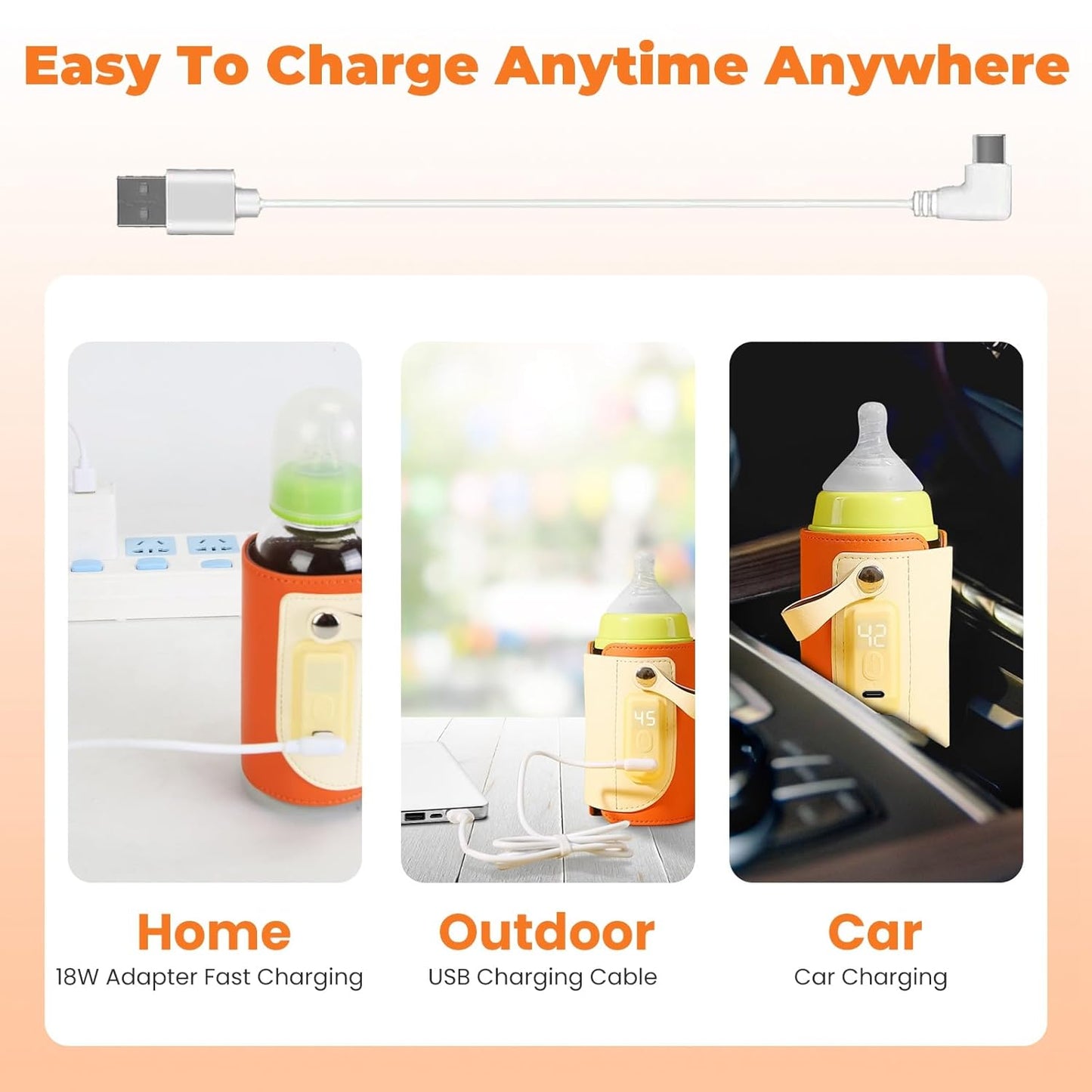 Baby Bottle Warmer – Portable Milk Warmer with 5 Adjustable Temperature Levels, LED Display & Fast Charging, Bottle Insulation Cover for Travel, Car & Outdoor Use