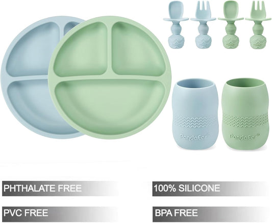 PandaEar Silicone Baby Feeding Set| 2 Pack Silicone Divided Suction Plate and 2 Pack Tiny Cup with 2 Spoons 2 Forks| Baby Led Weaning Supplies Self Feeding Eating Utensils (Light Tan/Walnut)
