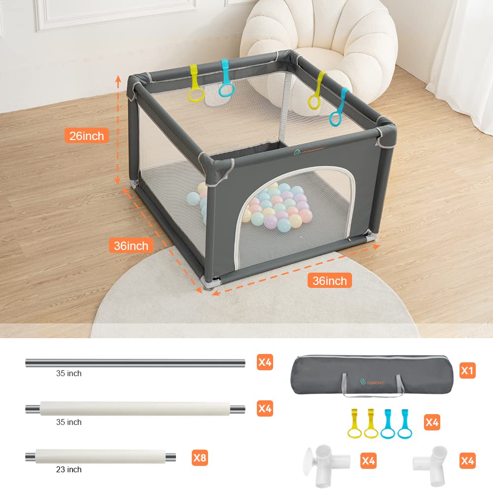 COMOMY Playpens for Babies and Toddlers, Small Baby Play Pens, Activity Center for Safe and Non-Slip Baby Fence, Full Mesh Design, Indoor & Outdoor Kids Activity Center (Dark Grey, 36"x36")
