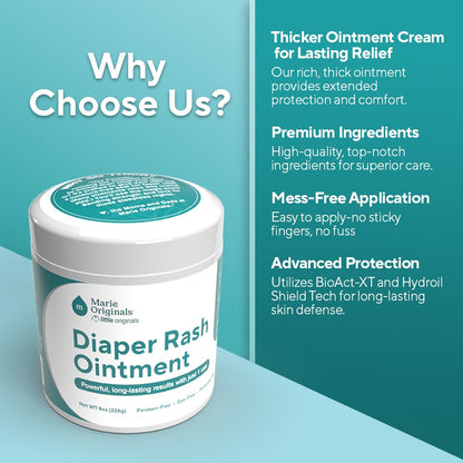 Marie Originals Premium Diaper Rash Ointment - Triple Action Diaper Rash Cream for Baby - Soothes and Moisturizes Dry Cracked Skin with Vitamin E, Coconut Oil, and Zinc Oxide diaper cream - 8 oz