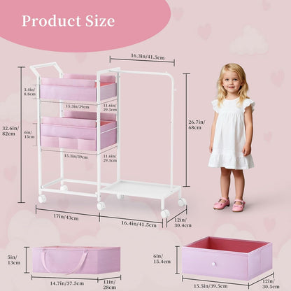 Baby Diaper Caddy Organizer - 3 Tier Rolling Cart with Kids Clothing Rack, Mobile Utility Cart with Dividers and Drawers, Large Capacity Storage Cart for Bedroom, Bathroom, Carts with Wheels