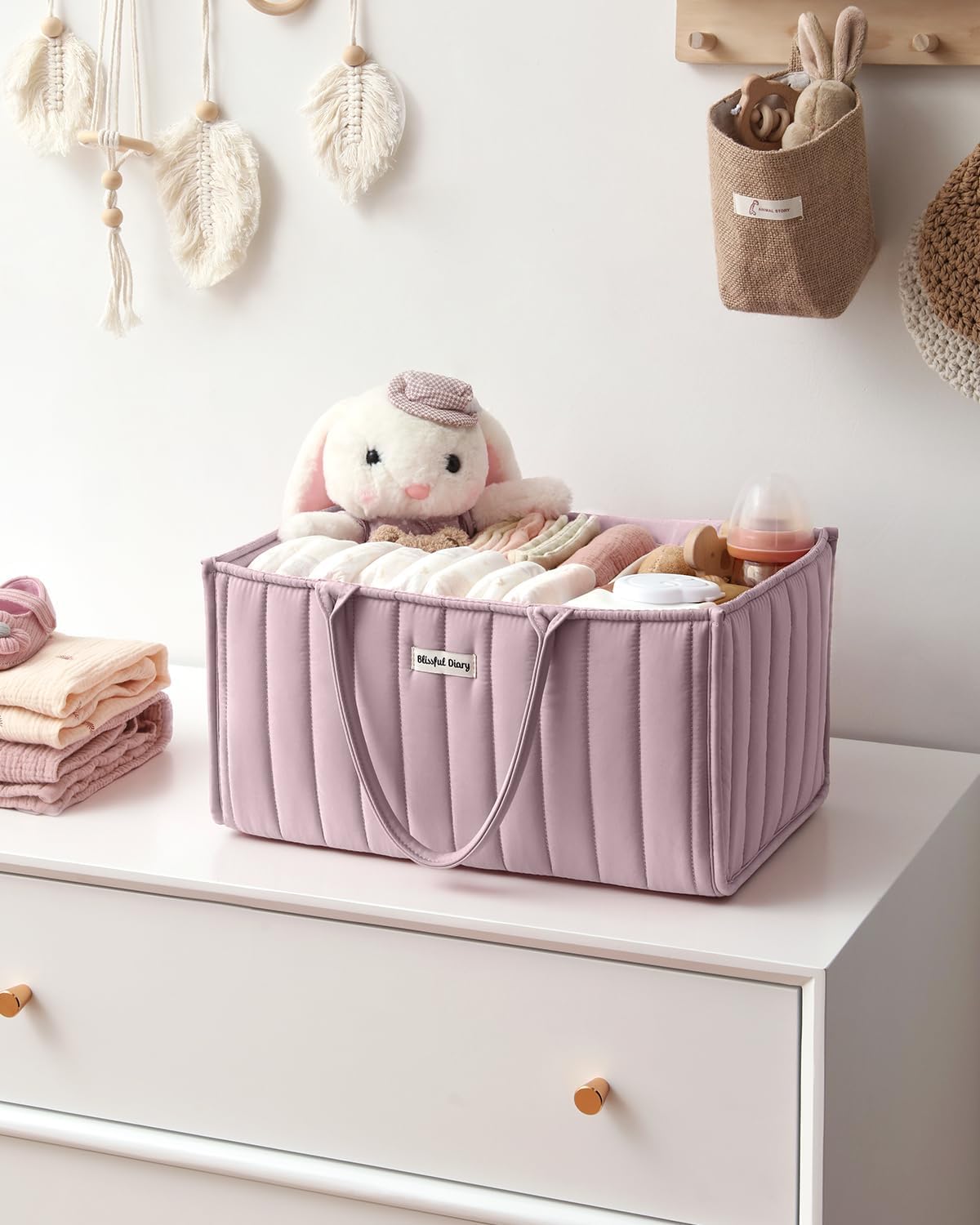 Blissful Diary Baby Diaper Caddy Organizer, Stylish Storage Basket for Newborn Essentials and Diaper Station, Gift for Baby Shower and Registry Must-Have, Mocha Brown