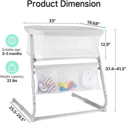 Cowiewie Bassinet Bedside Sleeper,Baby Bassinet Slides Over Bed,5-Position Height Adjustment & Breathable All-Mesh Wall Bedside Bassinet for Baby,Space-Saving Bedside Crib, Height(37.4-41.3"), White