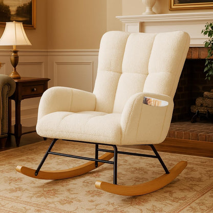 COMHOMA Nursery Rocking Chair with Ottoman,Teddy Glider Rocking Chair,Accent Chair with High Backrest Reading Chair for Adult,Nursery,Bedroom,Living Room,Offices(Beige with Ottoman)