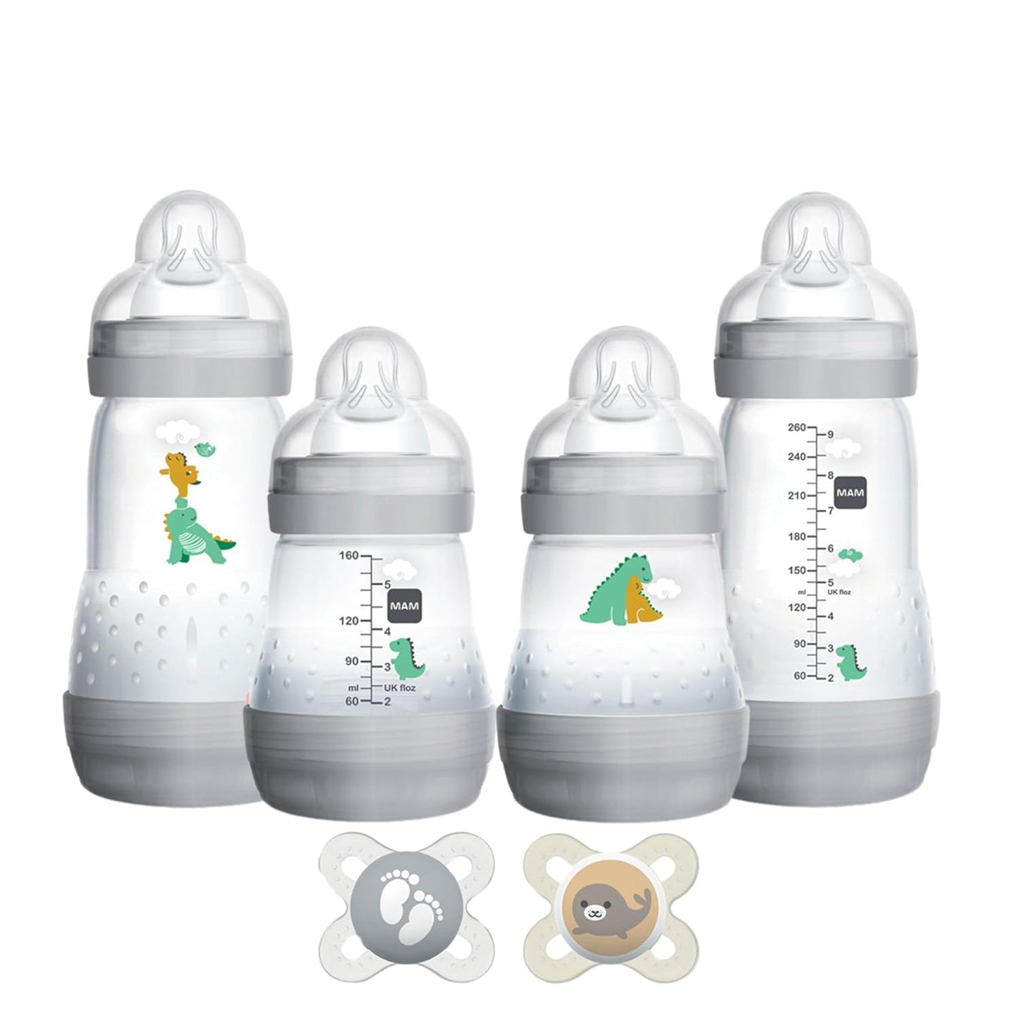 MAM Easy Start Anti-Colic Baby Bottle Starter Set – 4 Self Sterilizing Bottles (5oz & 9oz) + 2 Newborn Pacifiers Breastfed Baby Feeding Gift Set