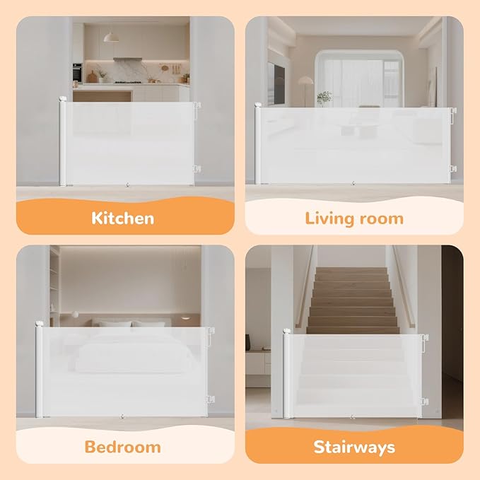 71" Wide Retractable Baby Gate for Stairs and Doorways - 34" Tall Mesh Safety Gate with Anti-Crawl Hook, Adjustable Baseboard Bracket, Pet Gate for Hallways, Kitchen, Indoor Outdoor, White