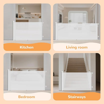 71" Wide Retractable Baby Gate for Stairs and Doorways - 34" Tall Mesh Safety Gate with Anti-Crawl Hook, Adjustable Baseboard Bracket, Pet Gate for Hallways, Kitchen, Indoor Outdoor, White